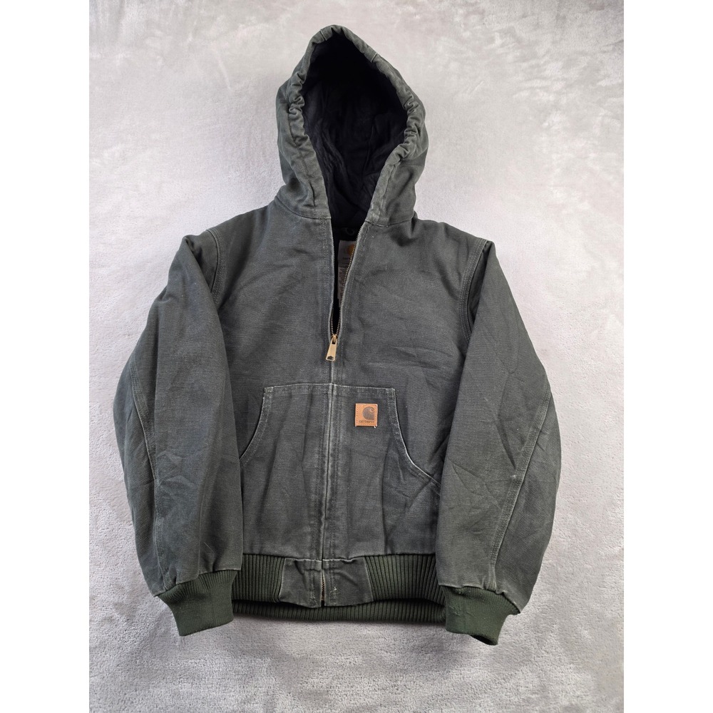 Vintage Carhartt Active Jacket J130 Kids L 10/12 Moss Green Canvas Hooded Lined
